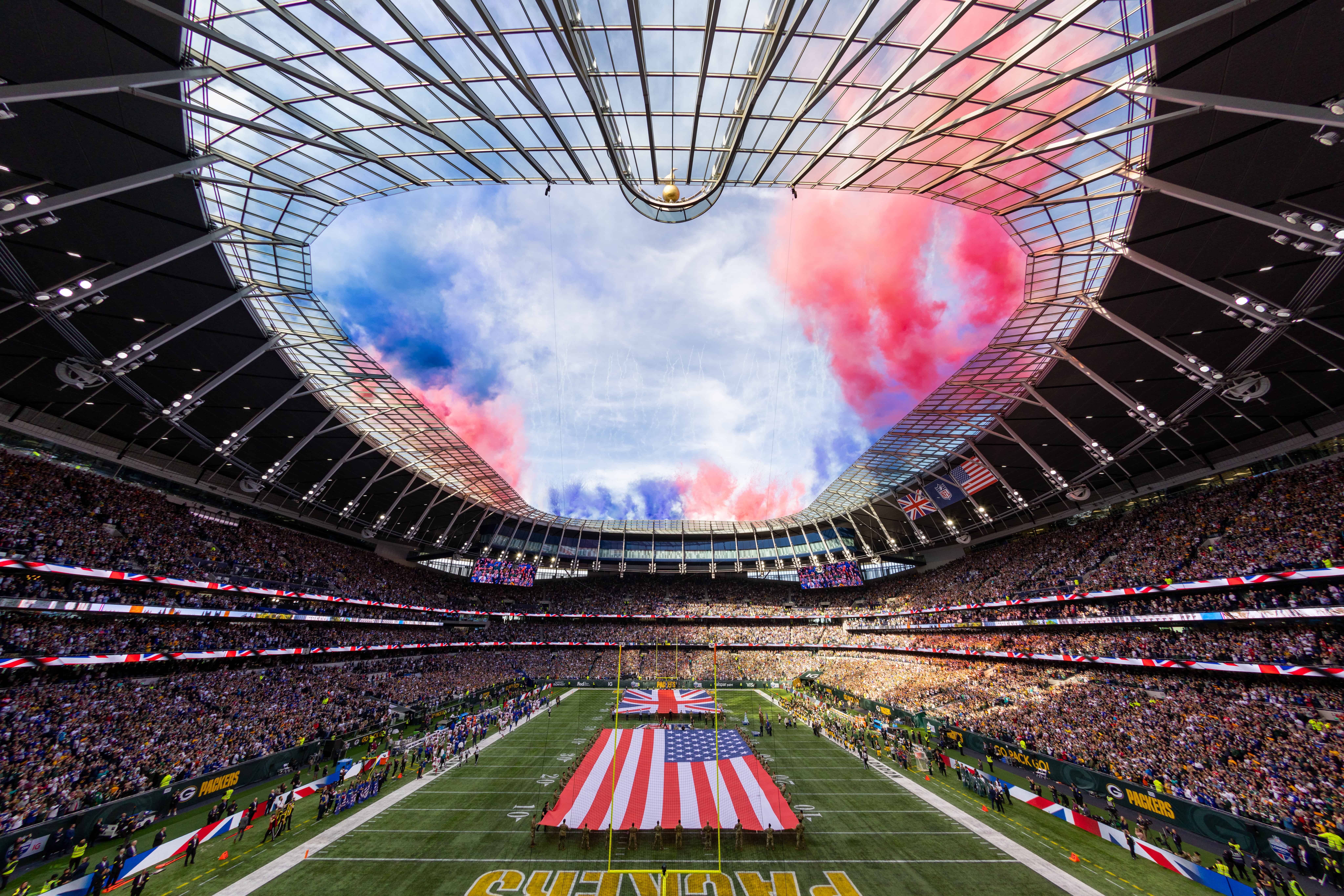 The London Tottenham Stadium is kitted out with red, blue and white flags to celebrate the NFL London Games