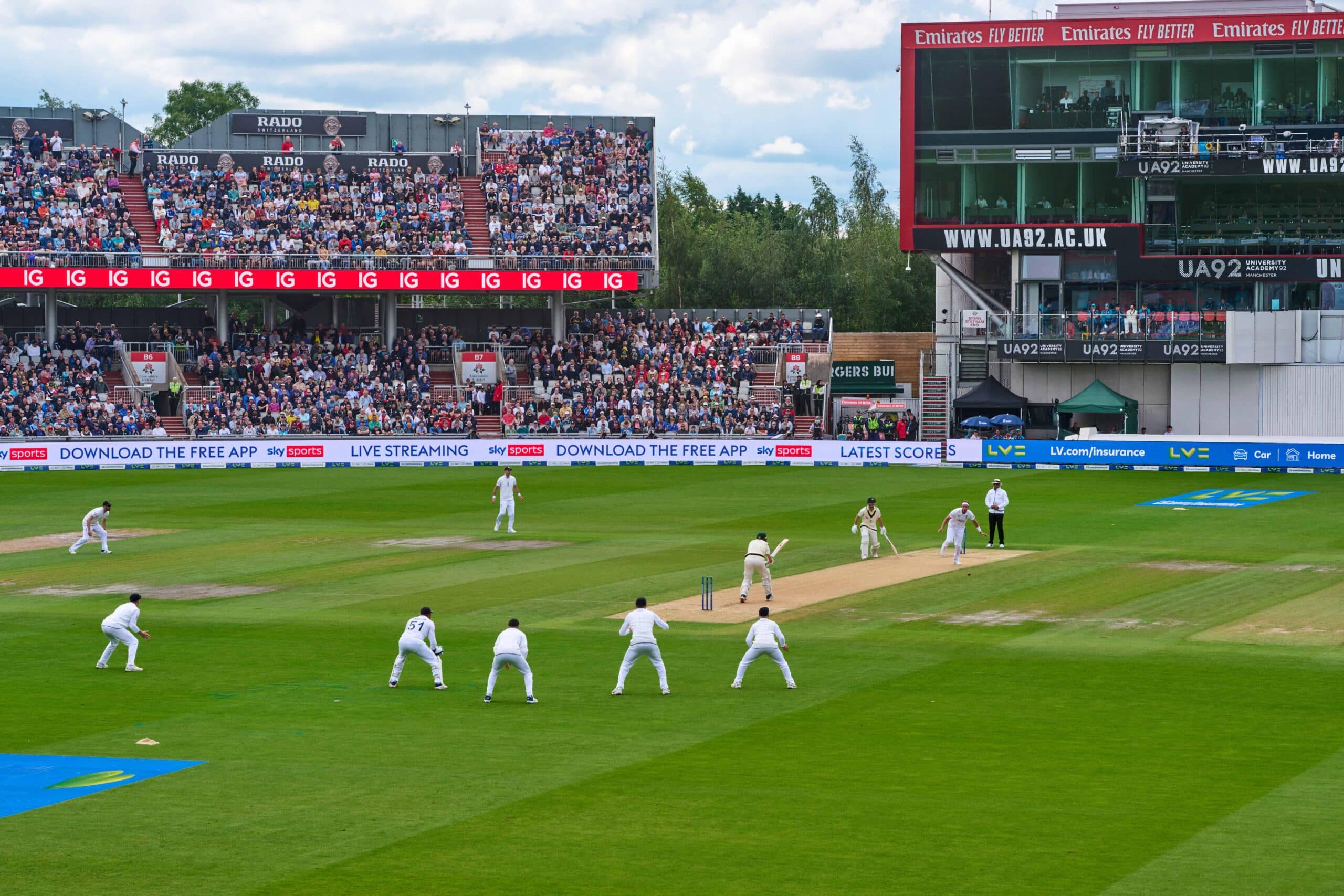 Stuart Broad bowling at Old Trafford during the fourth Ashes Test Match 2023