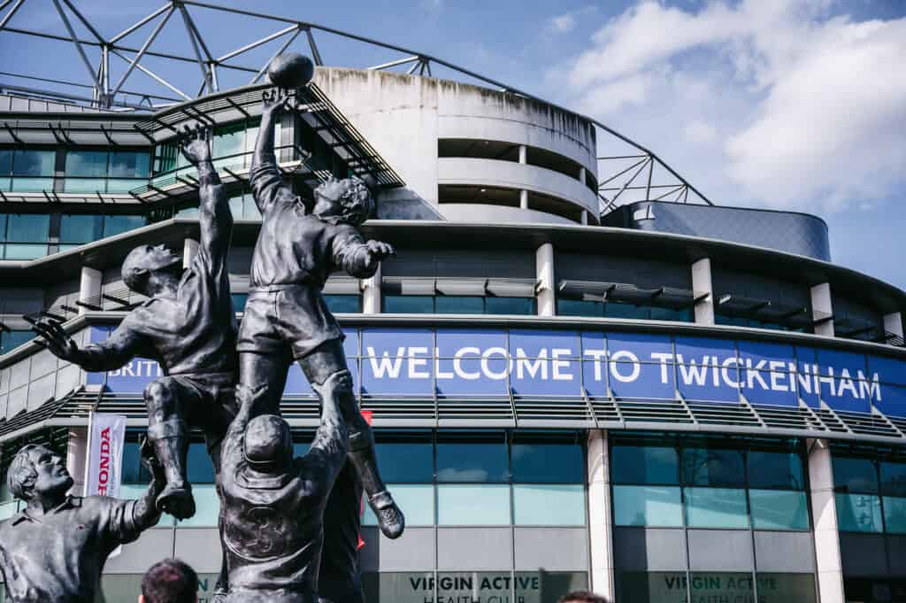 Rugby statue outside Twickenham Stadium