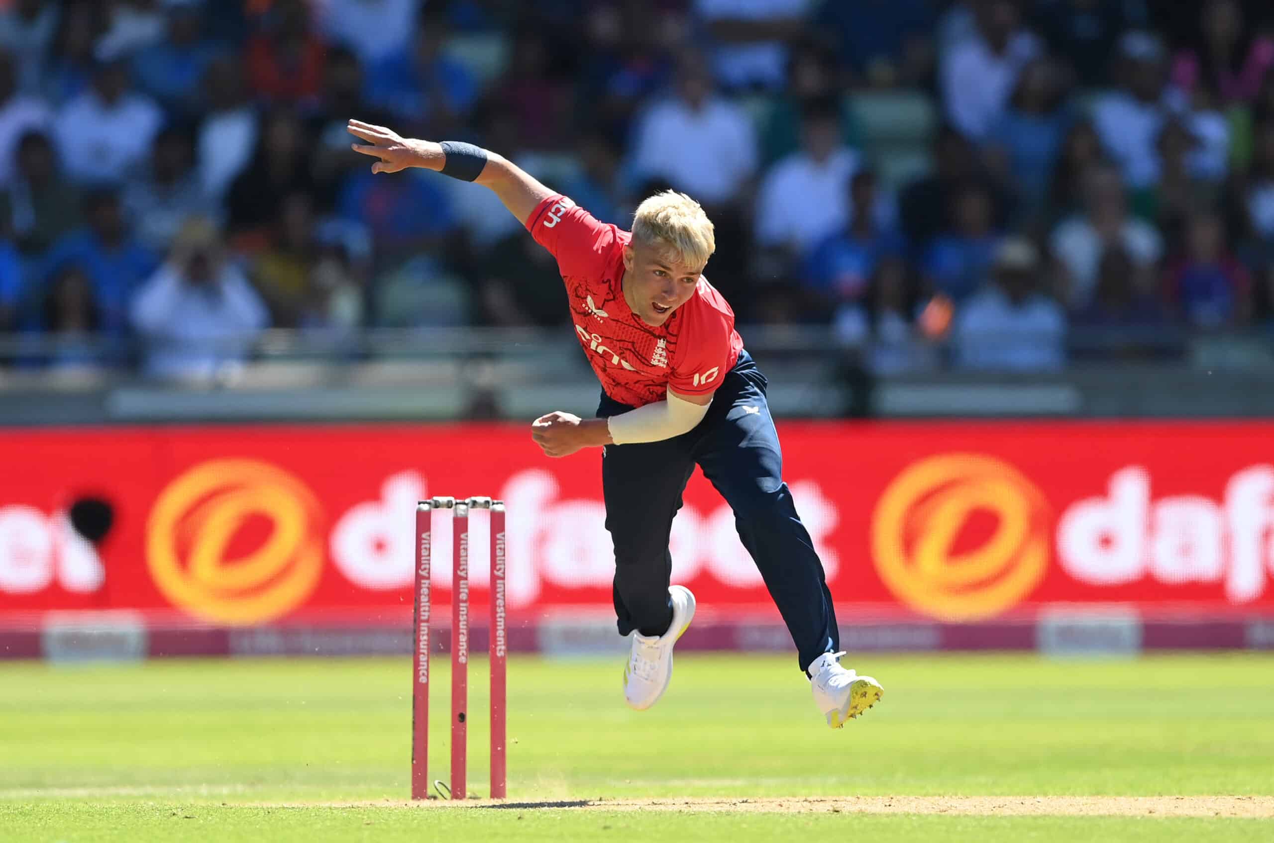 BIRMINGHAM, ENGLAND - JULY 09: England bowler Sam Curran in bowling action during the second Vitality IT20 match between England and India at Edgbaston on July 09, 2022 in Birmingham, England. (Photo by Stu Forster/Getty Images) 1407727112 cricket