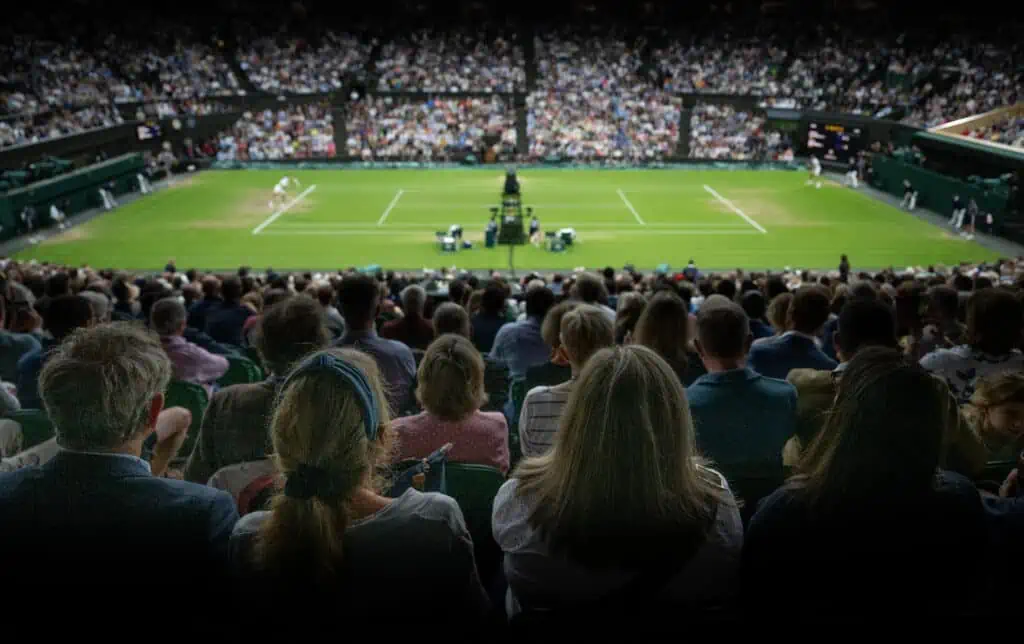 558036 Spectators watch the match between Carlos Alcaraz (ESP) and Daniil Medvedev in the semi-final of the Gentlemen's Singles on Centre Court at The Championships 2023. Held at The All England Lawn Tennis Club, Wimbledon. Day 12 Friday 14/07/2023. Credit: AELTC/Jonathan Nackstrand