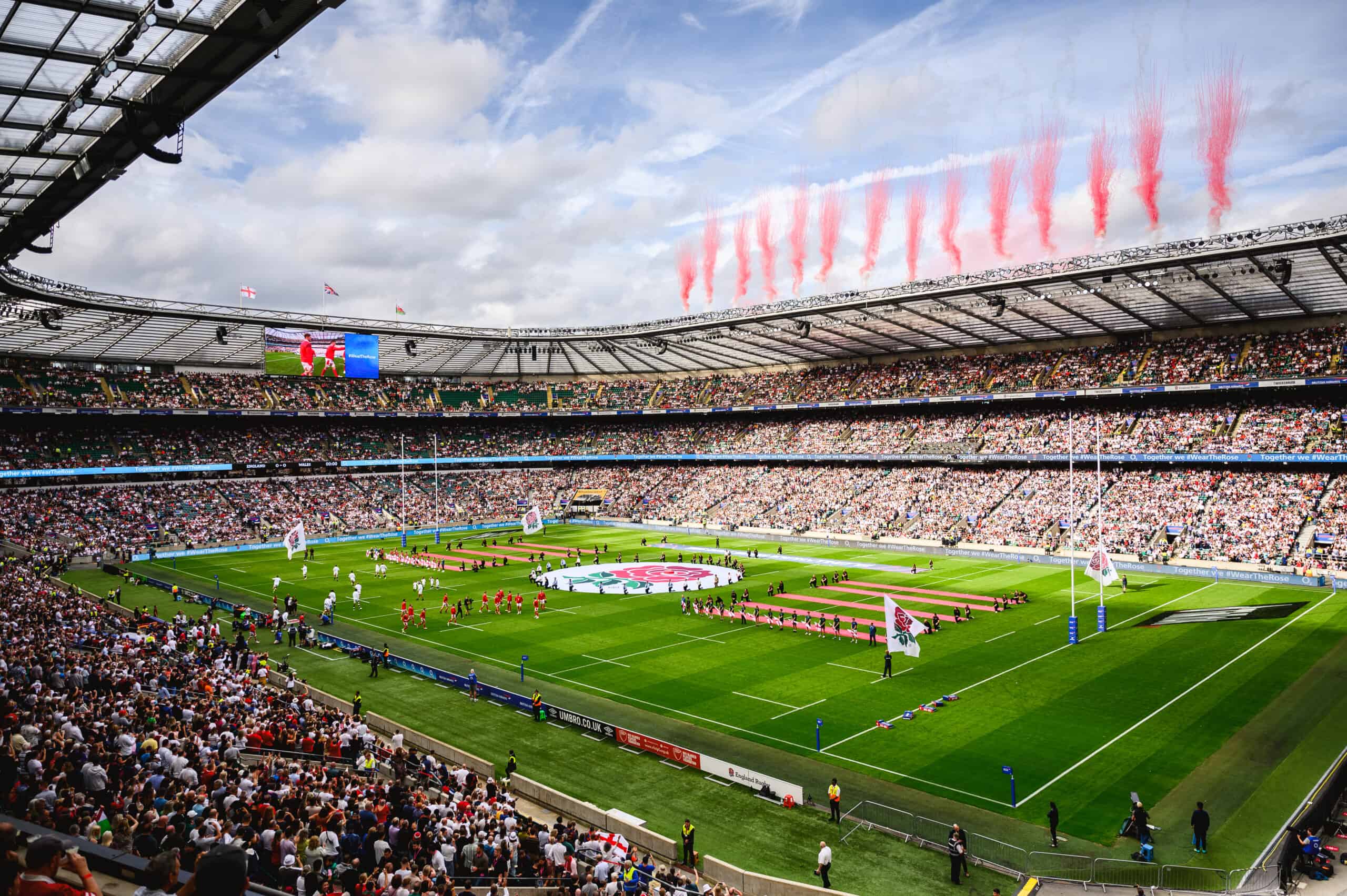 Fireworks go off over Twickenham as England and Wales come from the tunnel ahead of their Summer Nations Series fixture in preparation for the 2023 Rugby World Cup